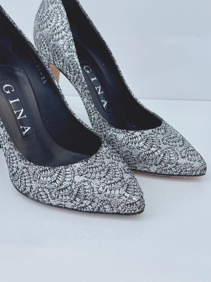 METALLIC SILVER LUREX AND GLITTER SLIP ON PUMPS 35