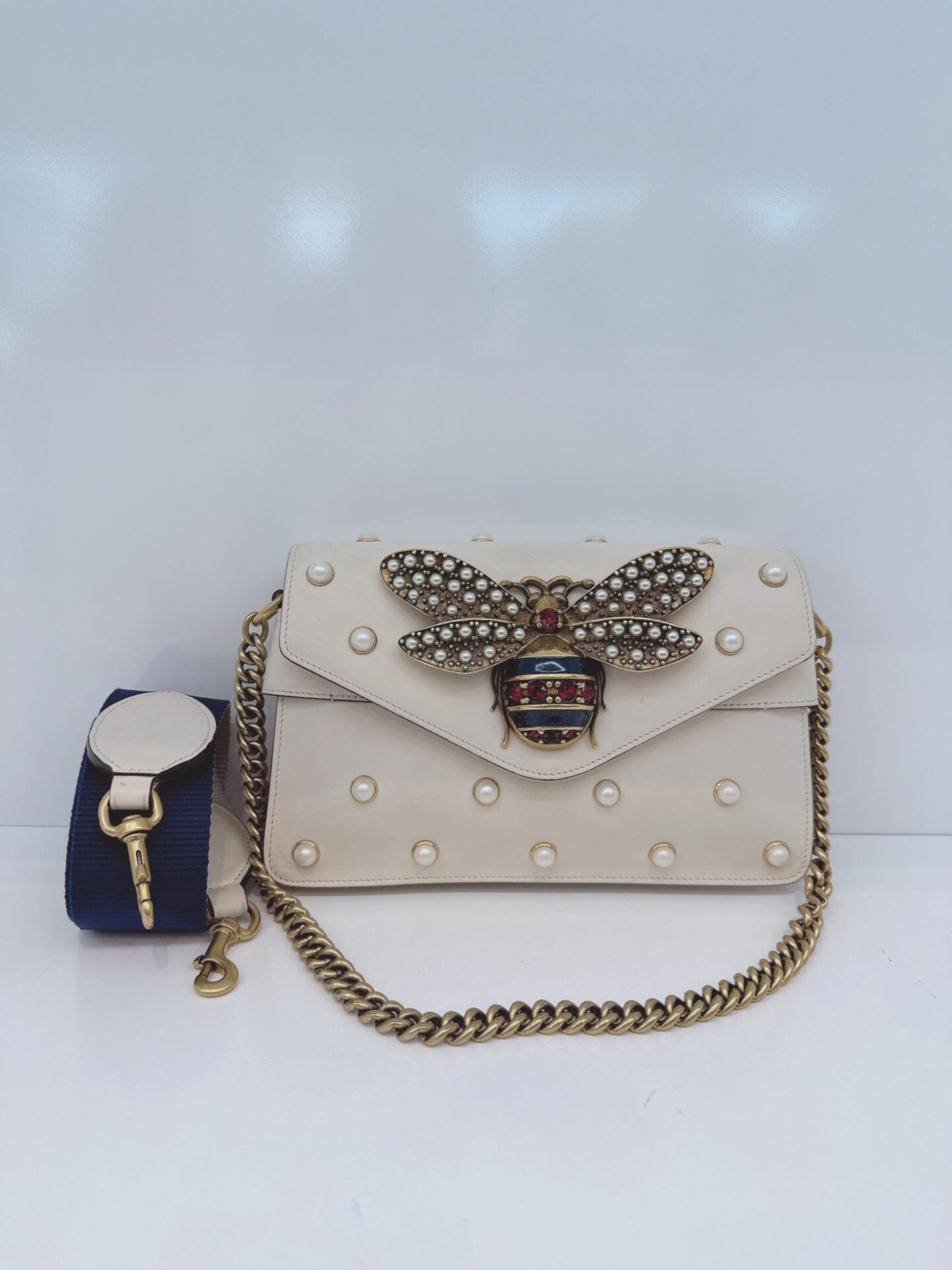 WHITE CALF LEATHER MINI QUEEN MARGARET BROADWAY CROSSBODY BAG
