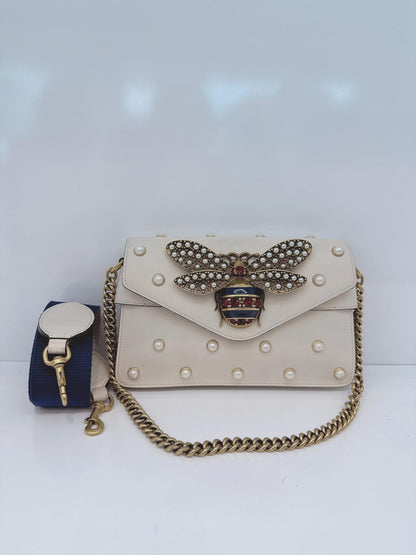 WHITE CALF LEATHER MINI QUEEN MARGARET BROADWAY CROSSBODY BAG