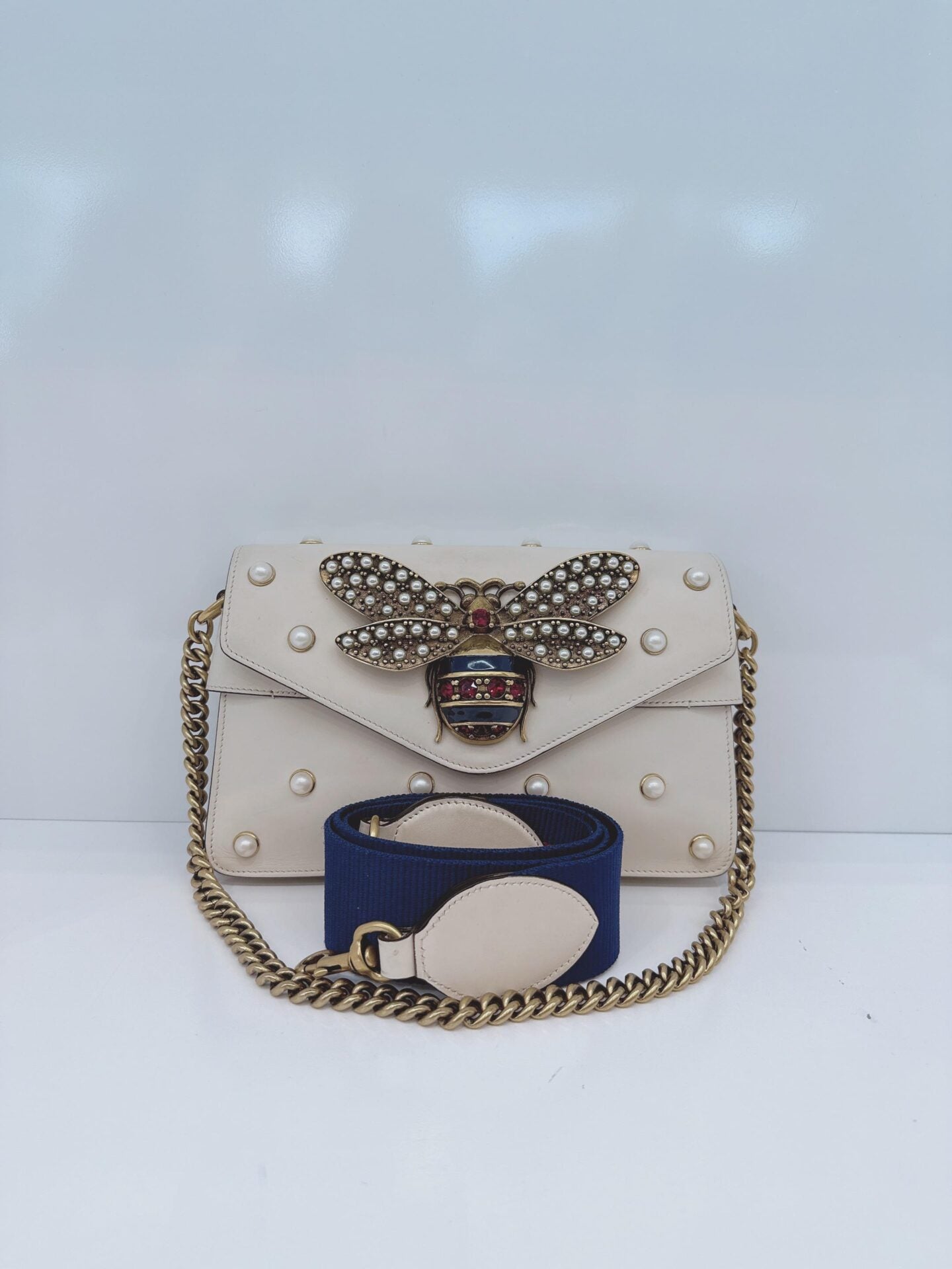 WHITE CALF LEATHER MINI QUEEN MARGARET BROADWAY CROSSBODY BAG