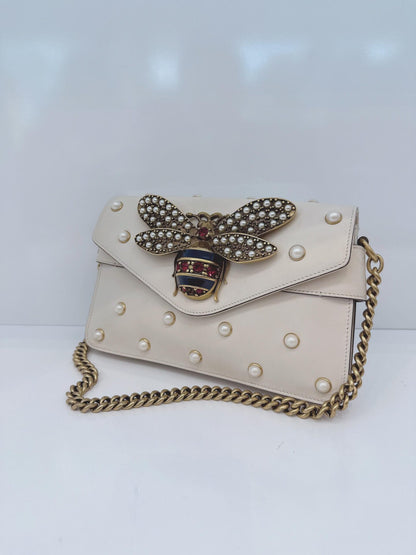 WHITE CALF LEATHER MINI QUEEN MARGARET BROADWAY CROSSBODY BAG