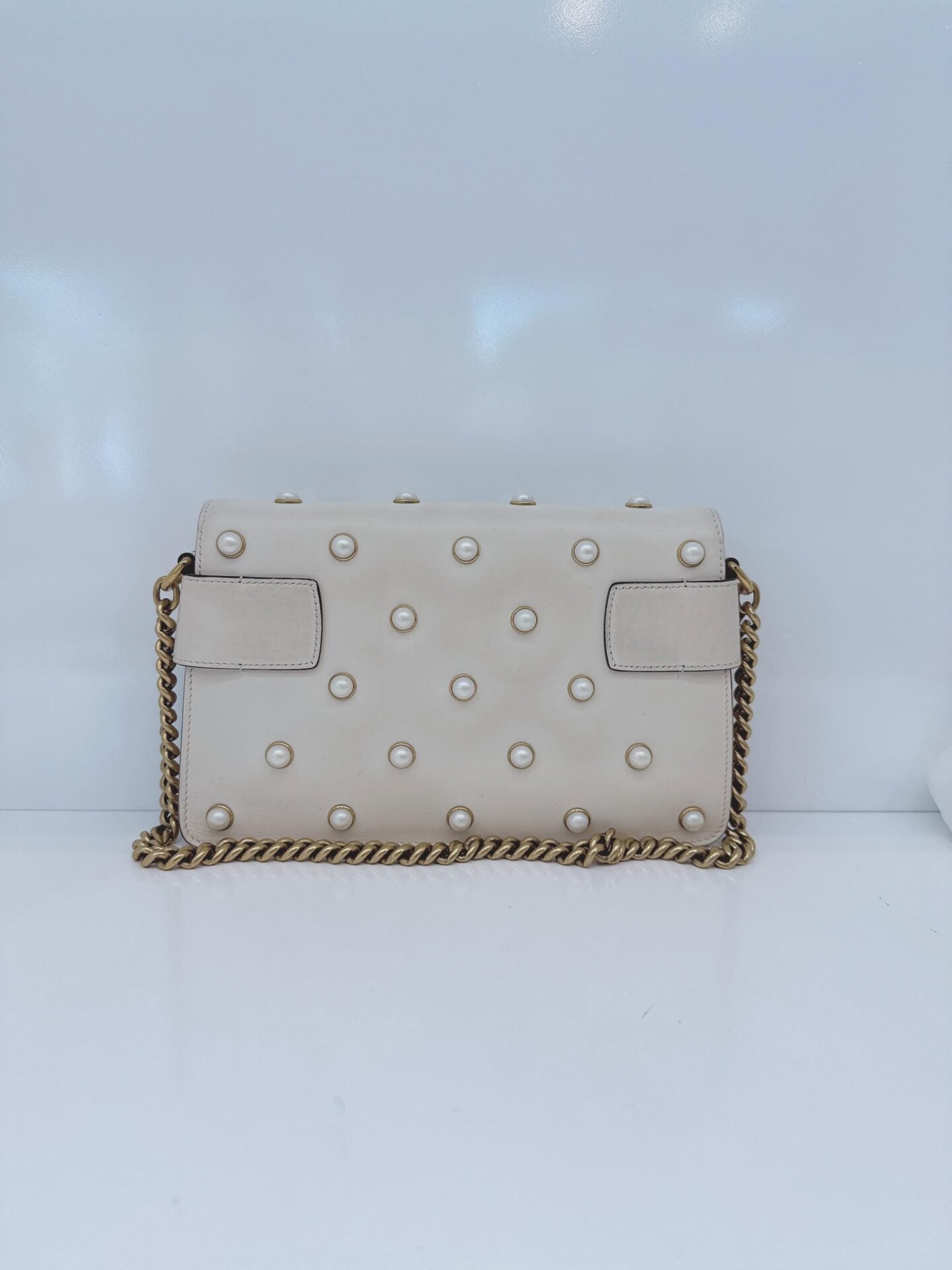 WHITE CALF LEATHER MINI QUEEN MARGARET BROADWAY CROSSBODY BAG