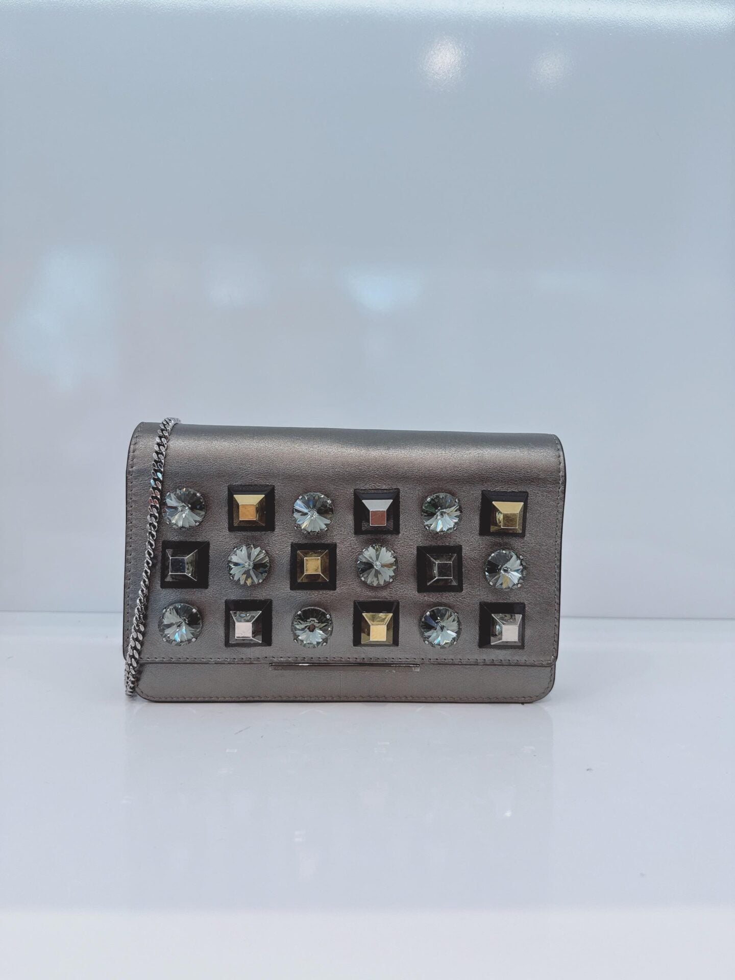 METALLIC DARK GRAY LEATHER CRYSTAL STUD WALLET ON CHAIN