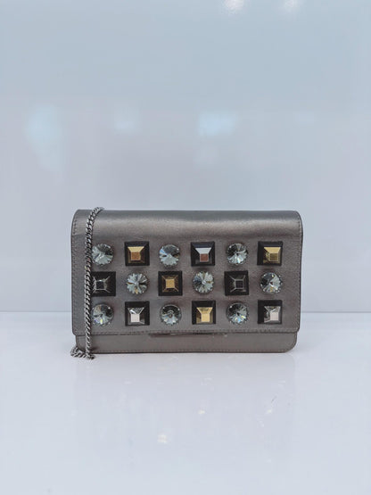 METALLIC DARK GRAY LEATHER CRYSTAL STUD WALLET ON CHAIN