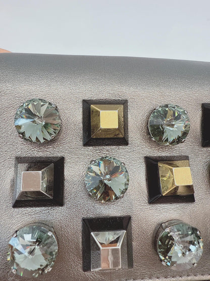 METALLIC DARK GRAY LEATHER CRYSTAL STUD WALLET ON CHAIN