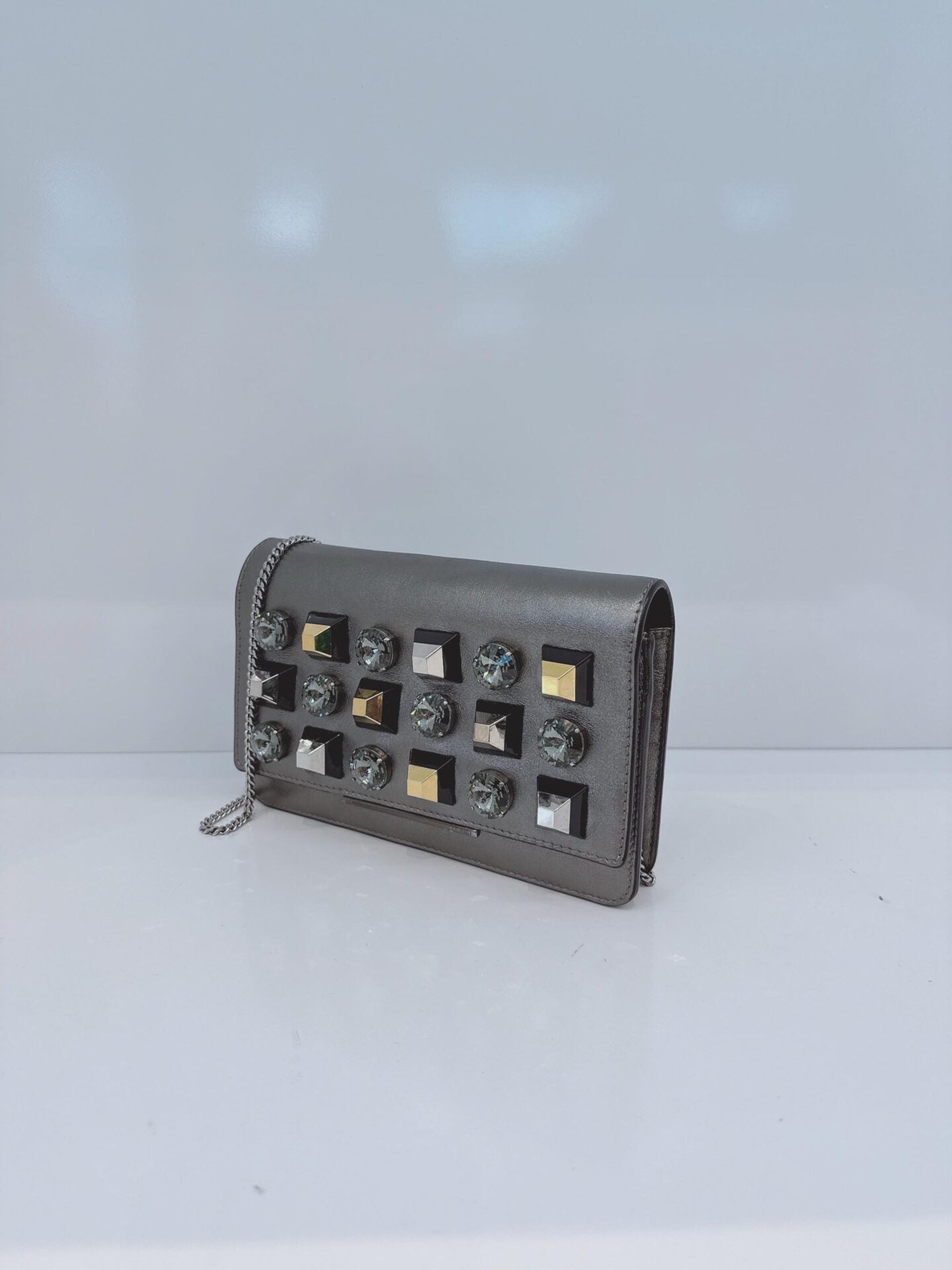 METALLIC DARK GRAY LEATHER CRYSTAL STUD WALLET ON CHAIN