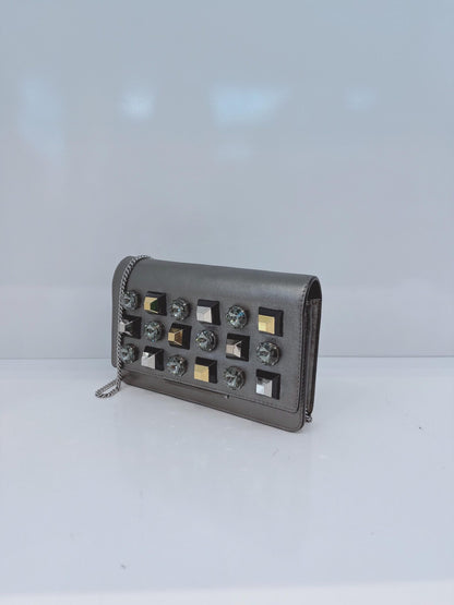 METALLIC DARK GRAY LEATHER CRYSTAL STUD WALLET ON CHAIN