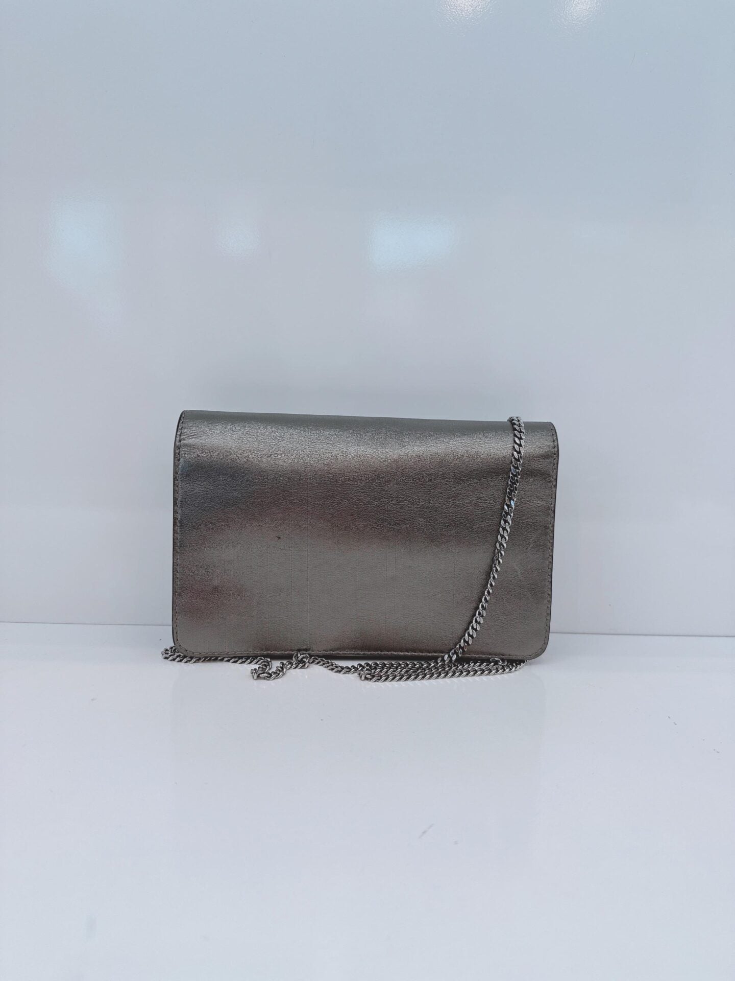 METALLIC DARK GRAY LEATHER CRYSTAL STUD WALLET ON CHAIN