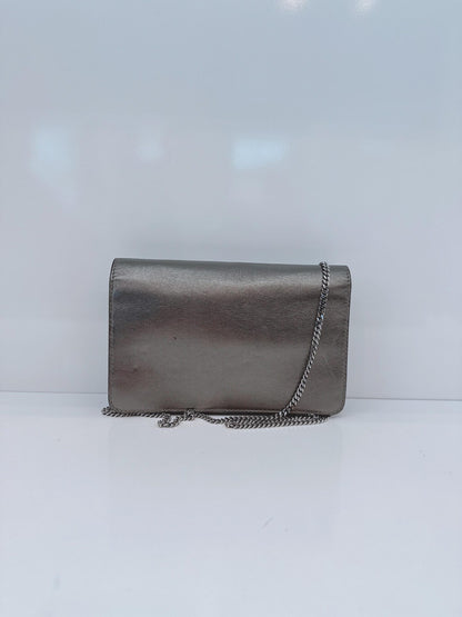 METALLIC DARK GRAY LEATHER CRYSTAL STUD WALLET ON CHAIN