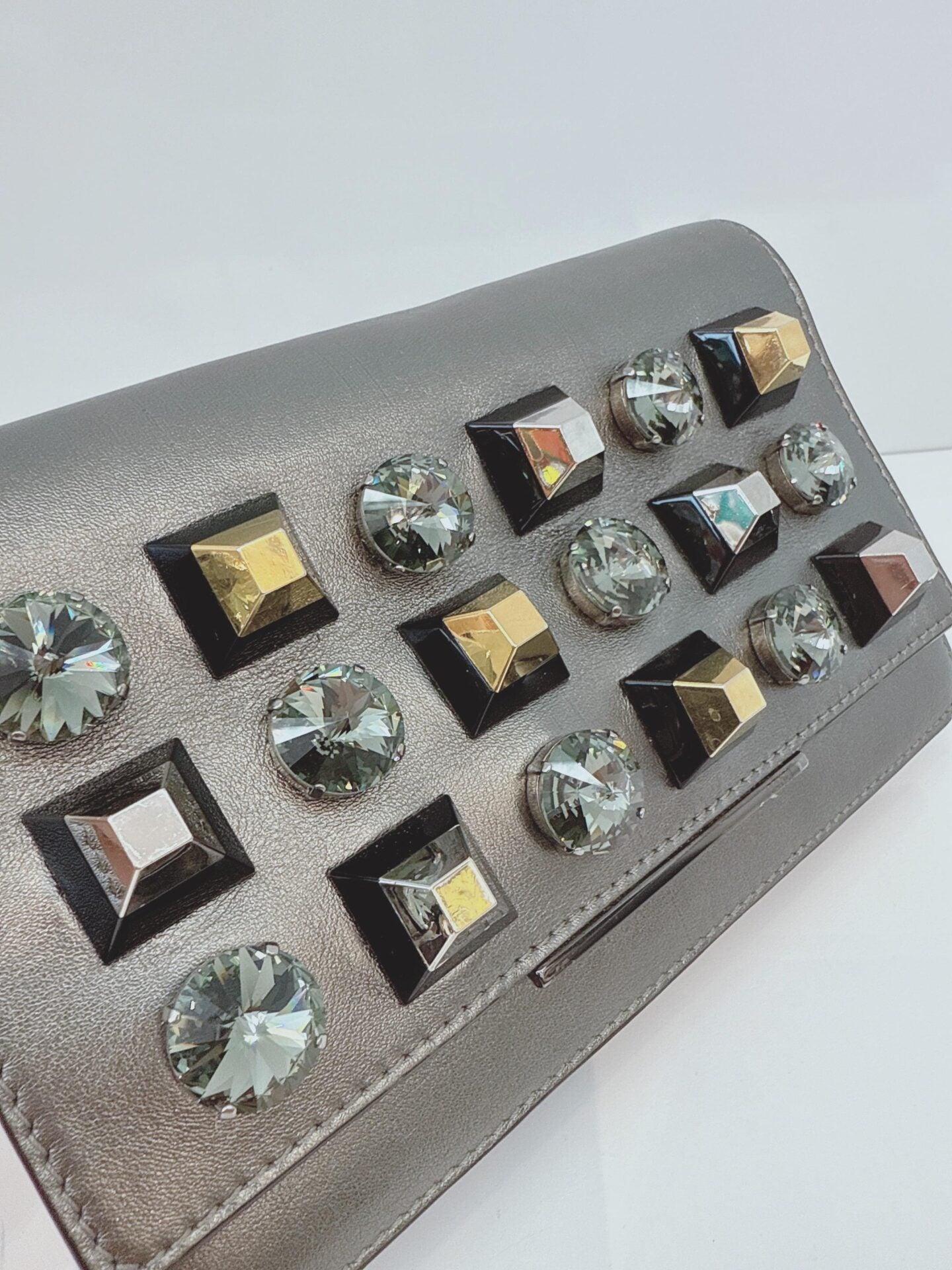 METALLIC DARK GRAY LEATHER CRYSTAL STUD WALLET ON CHAIN