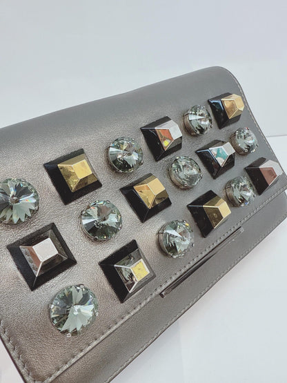 METALLIC DARK GRAY LEATHER CRYSTAL STUD WALLET ON CHAIN