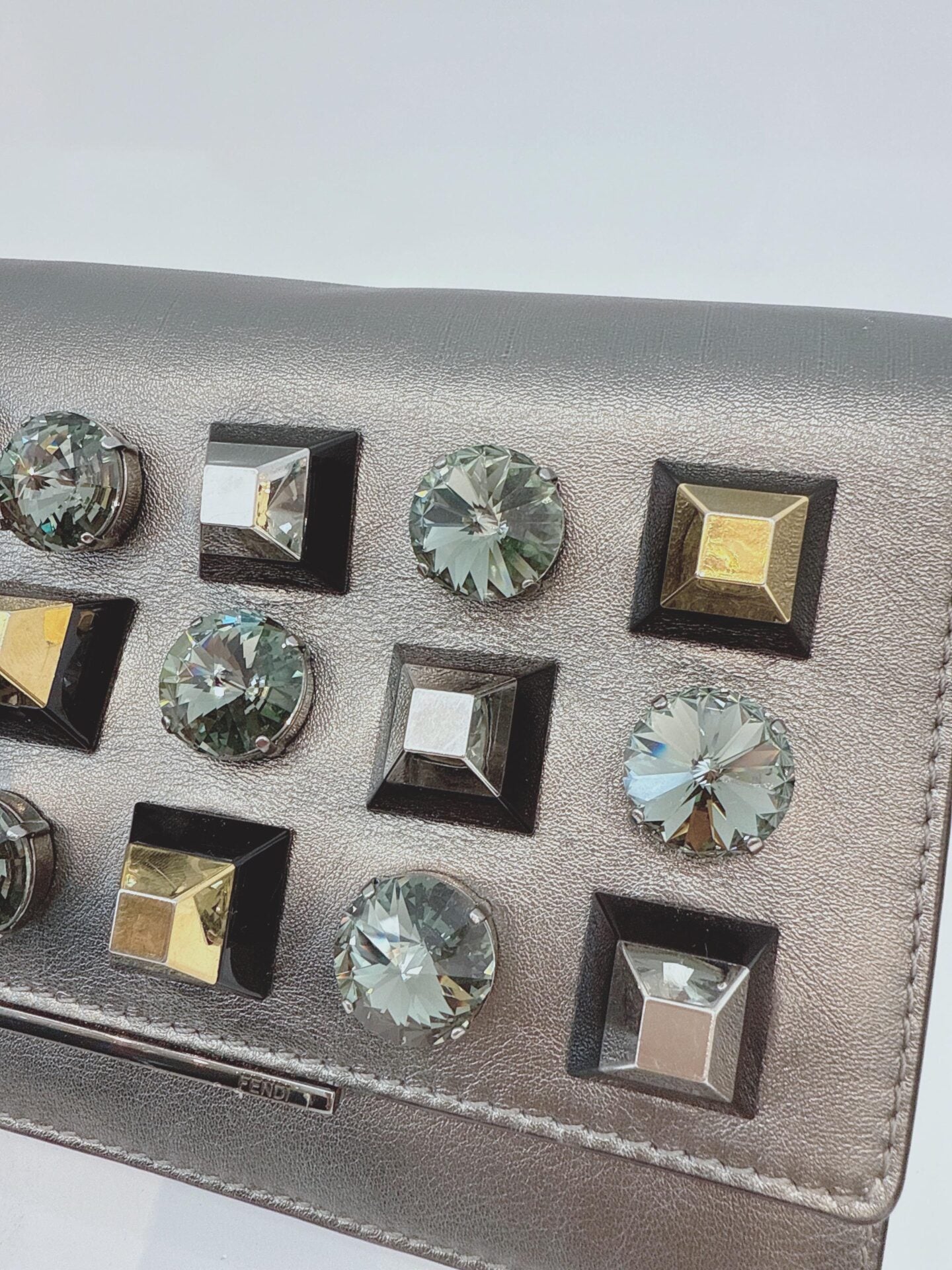 METALLIC DARK GRAY LEATHER CRYSTAL STUD WALLET ON CHAIN