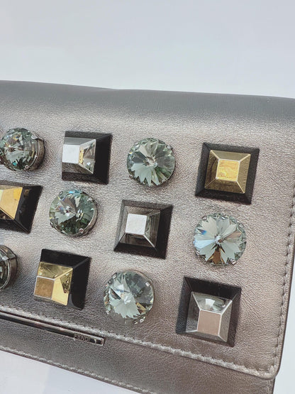 METALLIC DARK GRAY LEATHER CRYSTAL STUD WALLET ON CHAIN