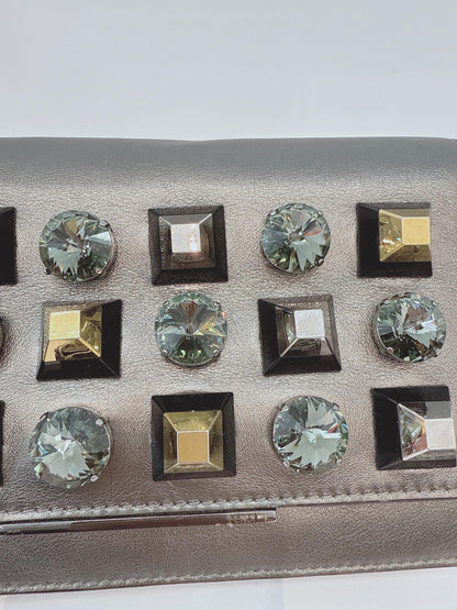 METALLIC DARK GRAY LEATHER CRYSTAL STUD WALLET ON CHAIN