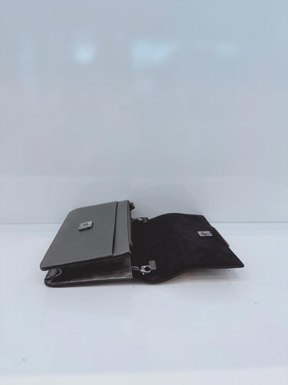 METALLIC DARK GRAY LEATHER CRYSTAL STUD WALLET ON CHAIN