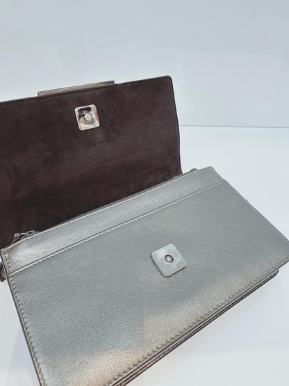 METALLIC DARK GRAY LEATHER CRYSTAL STUD WALLET ON CHAIN