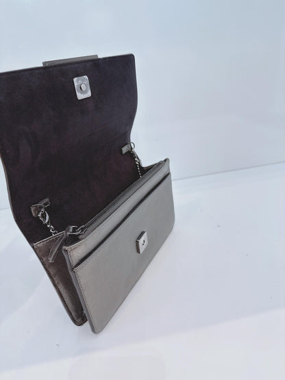 METALLIC DARK GRAY LEATHER CRYSTAL STUD WALLET ON CHAIN