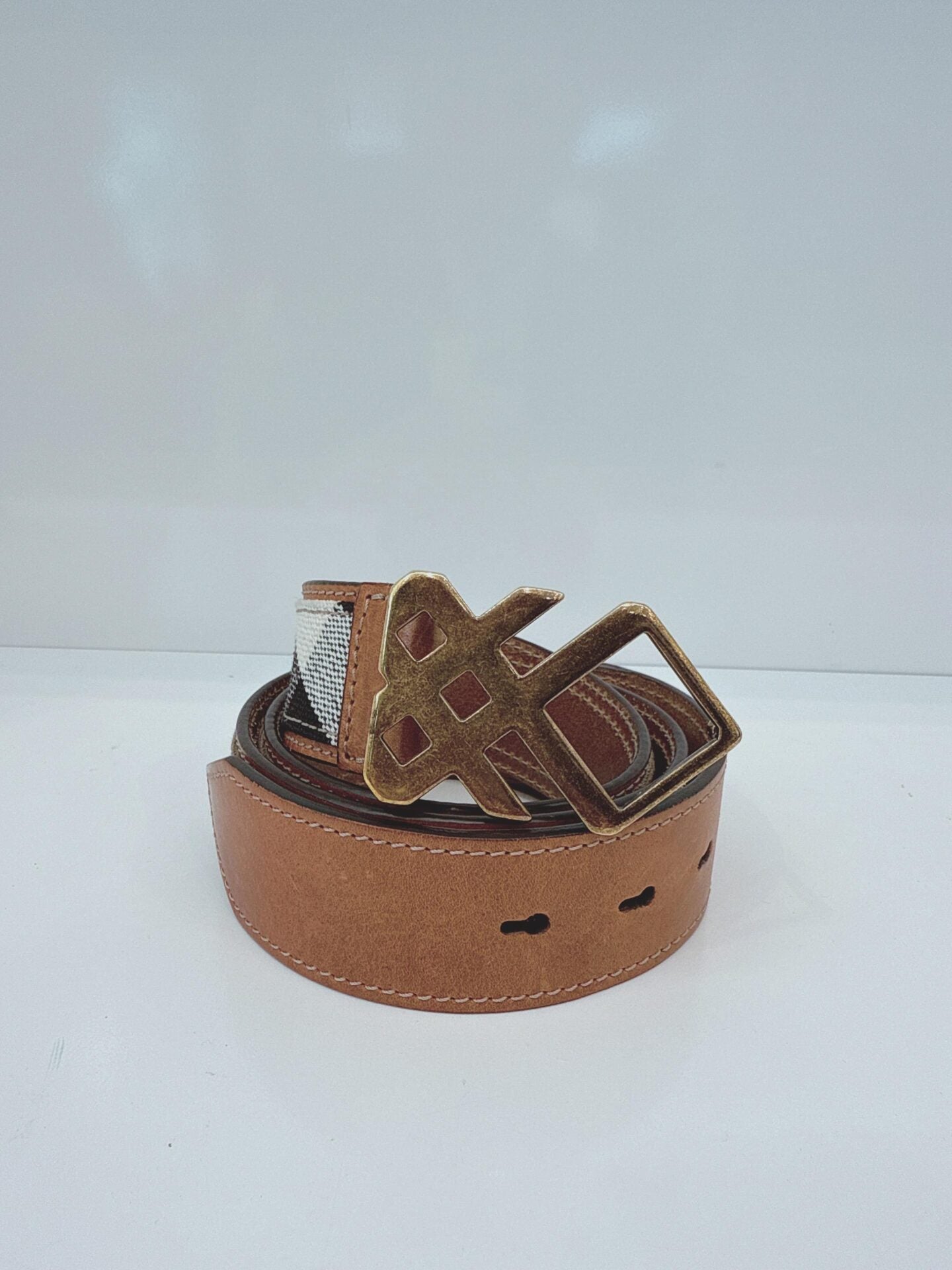 BROWN CRANMORE LEATHER CANVAS CHECK PRINT BELT 36/90