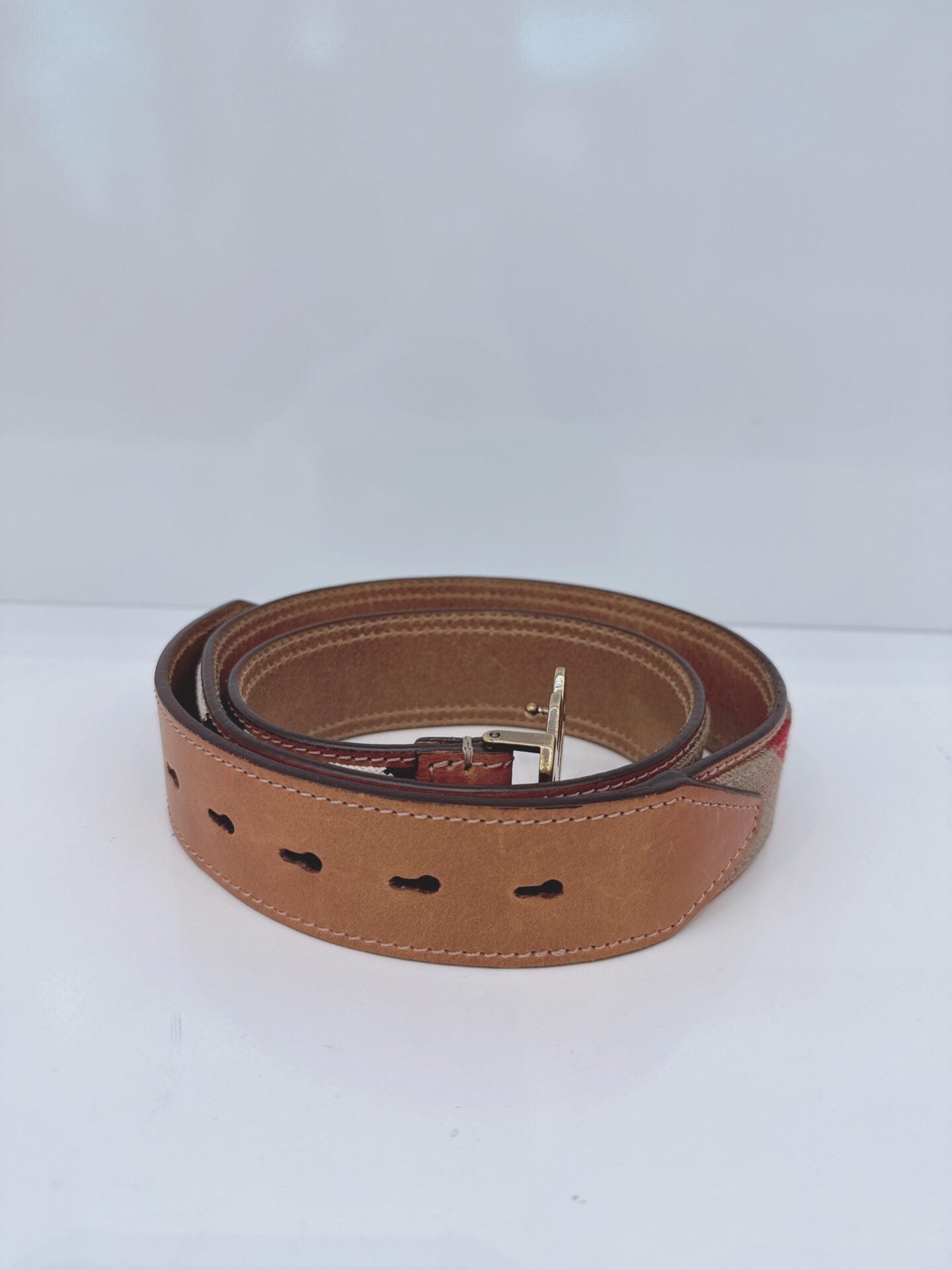 BROWN CRANMORE LEATHER CANVAS CHECK PRINT BELT 36/90