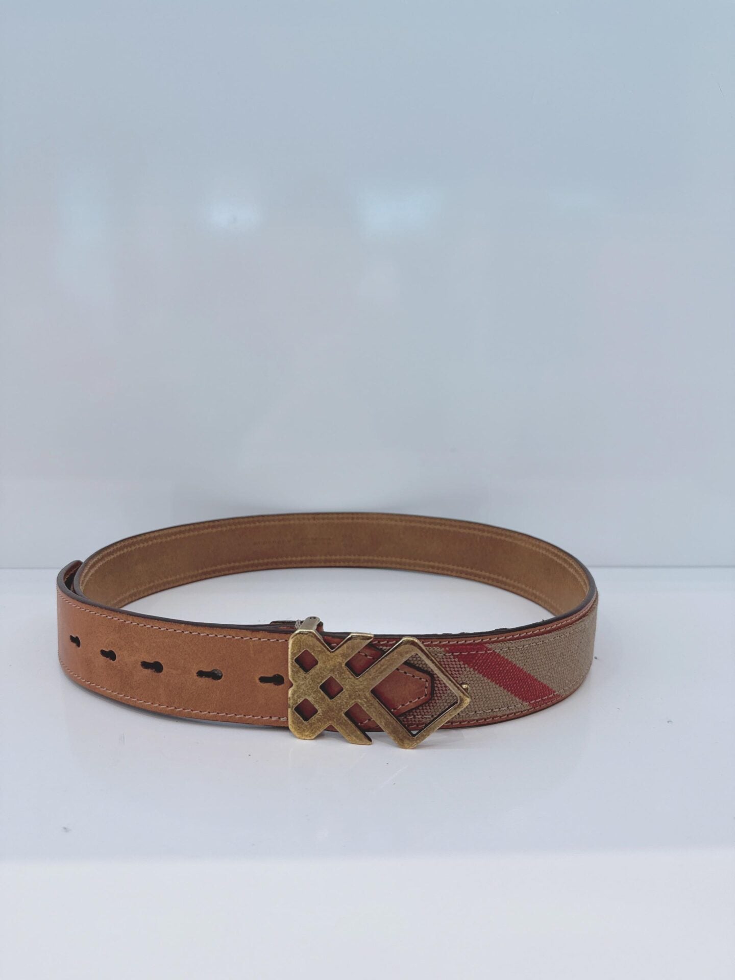 BROWN CRANMORE LEATHER CANVAS CHECK PRINT BELT 36/90