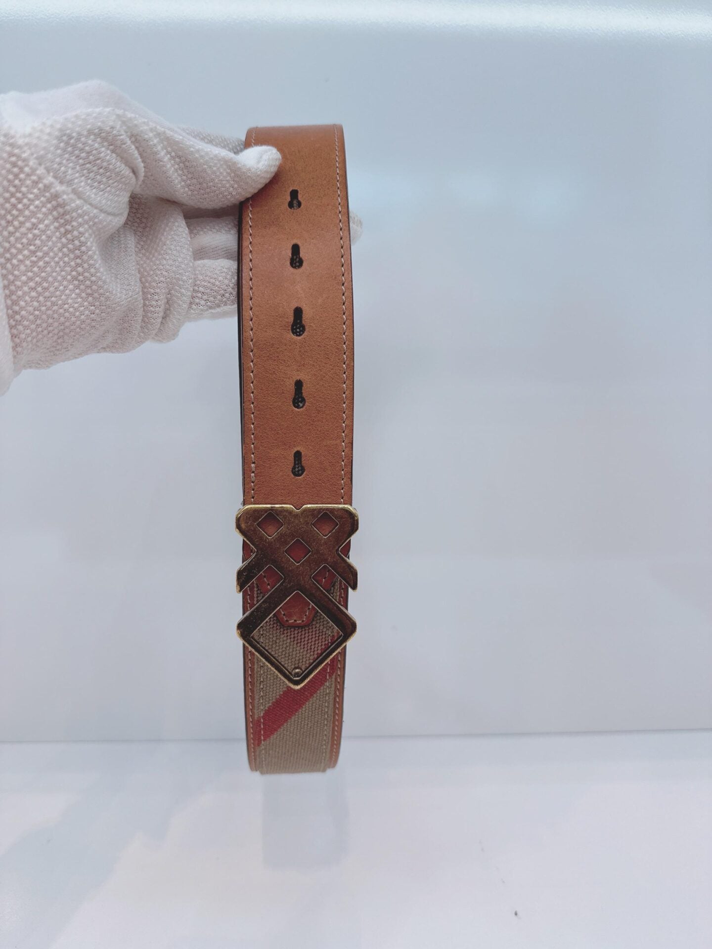 BROWN CRANMORE LEATHER CANVAS CHECK PRINT BELT 36/90