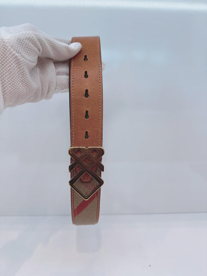 BROWN CRANMORE LEATHER CANVAS CHECK PRINT BELT 36/90