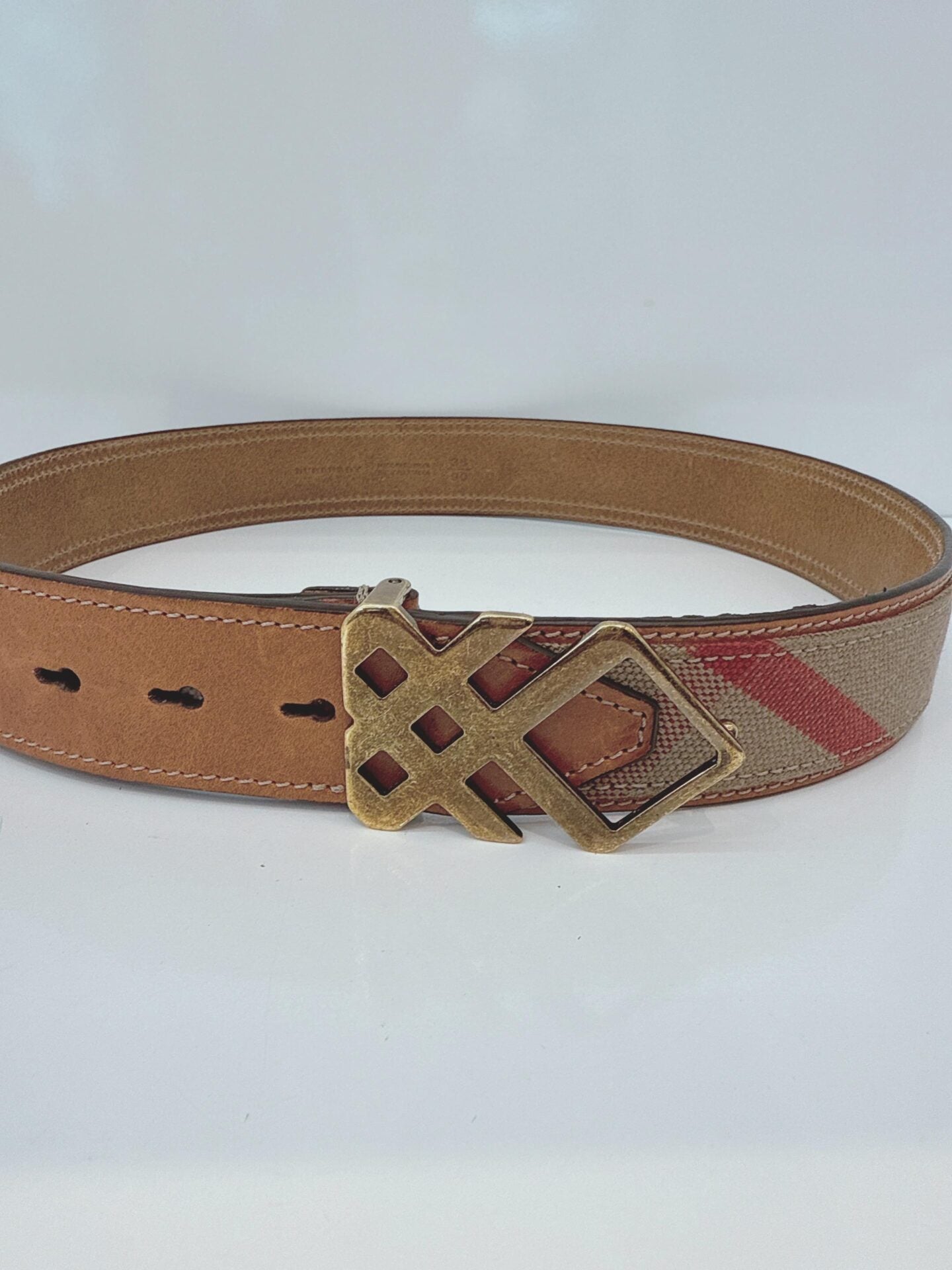 BROWN CRANMORE LEATHER CANVAS CHECK PRINT BELT 36/90