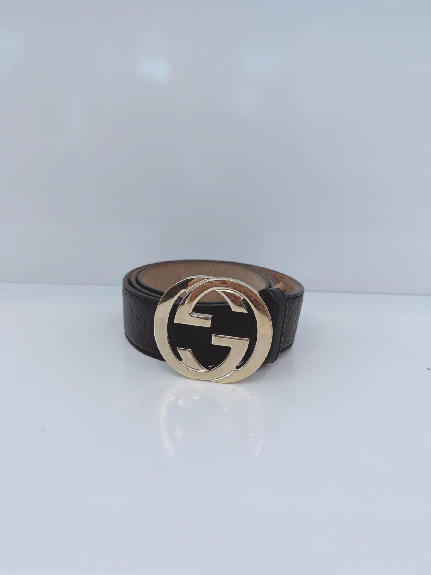 BLACK LEATHER INTERLOCKING G BELT 36IN/90CM