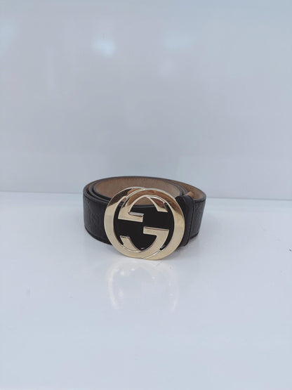 BLACK LEATHER INTERLOCKING G BELT 36IN/90CM