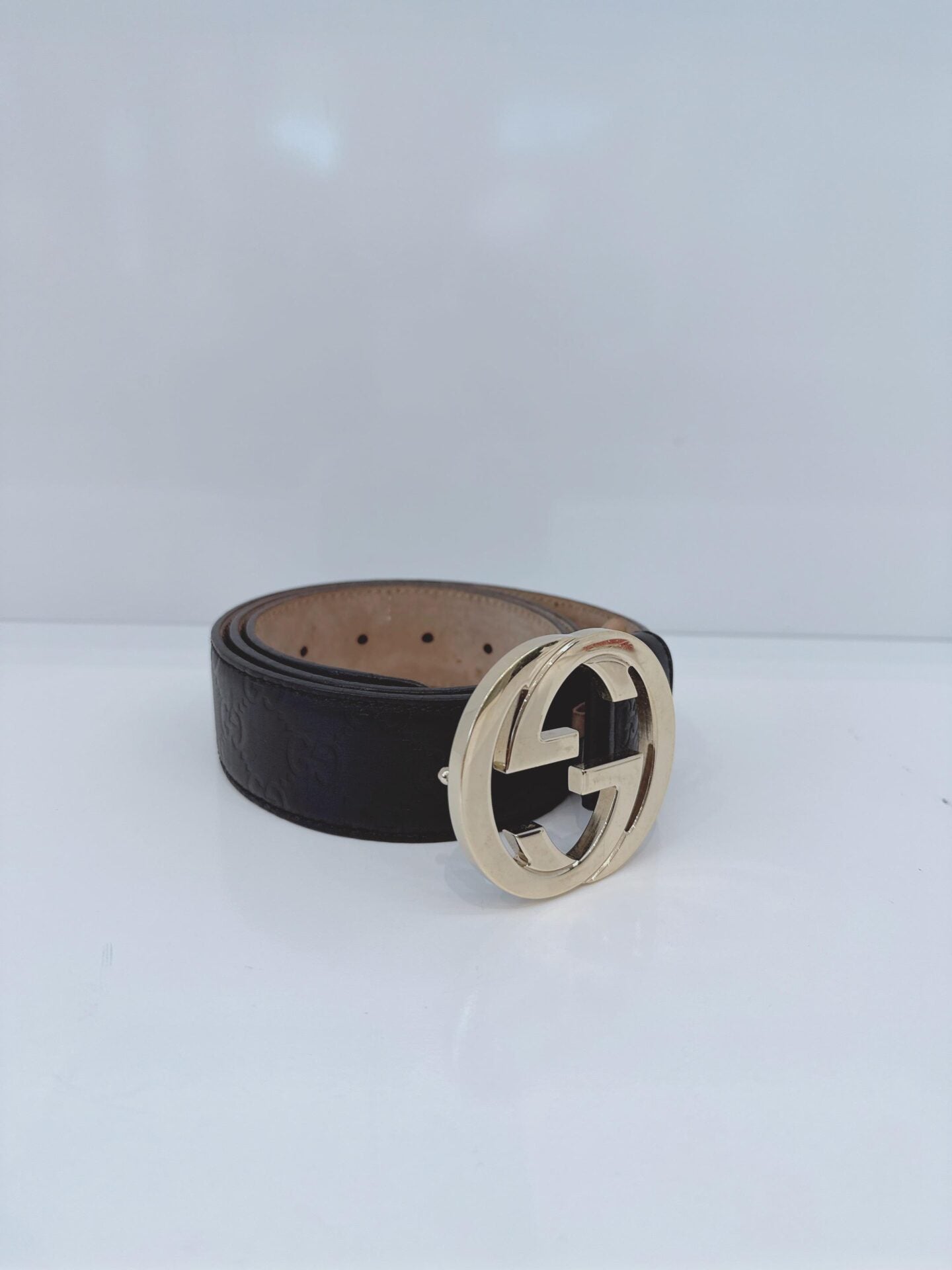 BLACK LEATHER INTERLOCKING G BELT 36IN/90CM