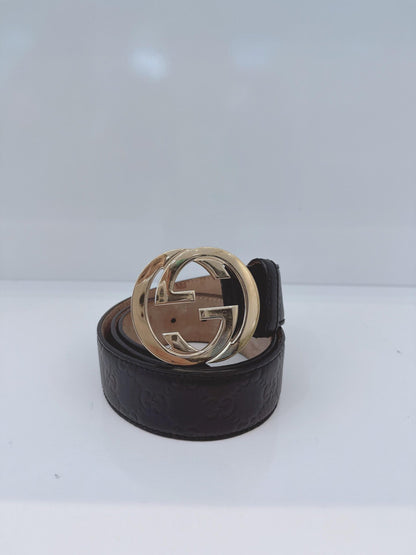 BLACK LEATHER INTERLOCKING G BELT 36IN/90CM