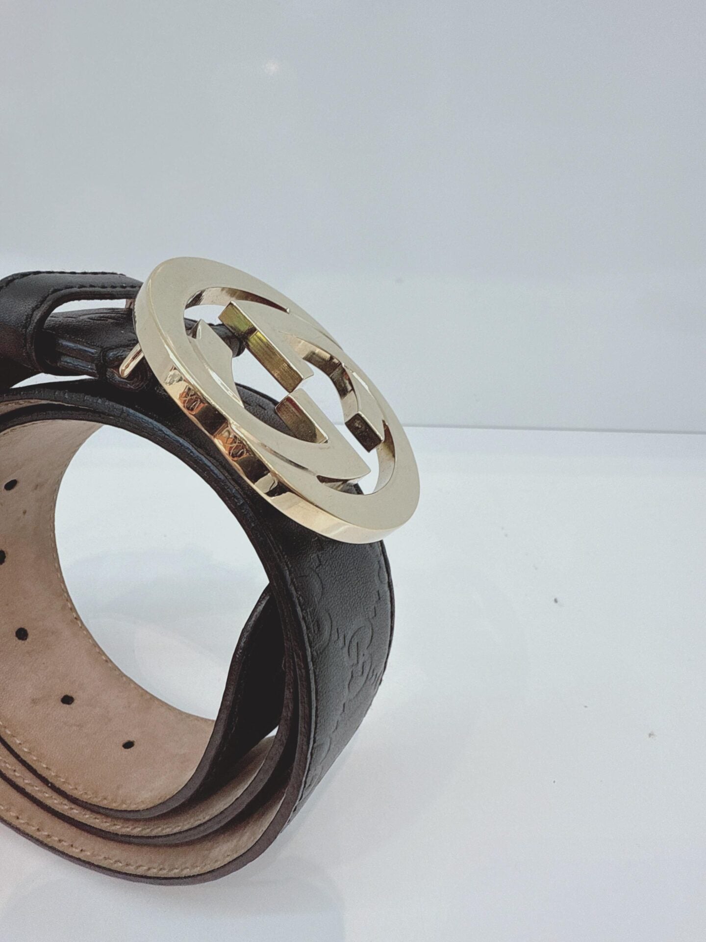 BLACK LEATHER INTERLOCKING G BELT 36IN/90CM