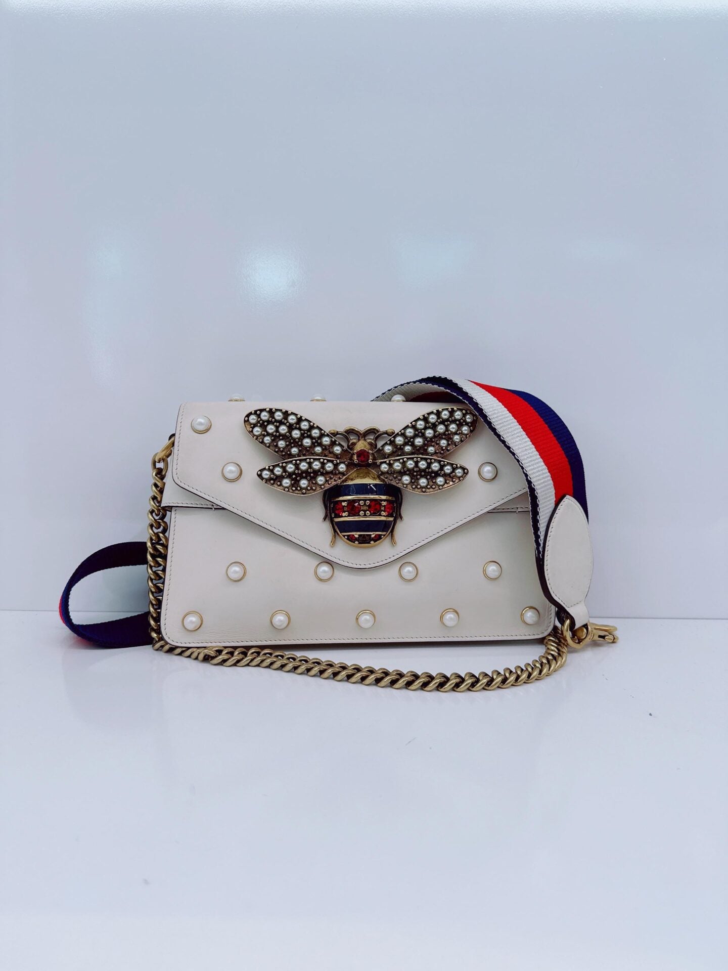 WHITE CALF LEATHER MINI QUEEN MARGARET BROADWAY CROSSBODY BAG