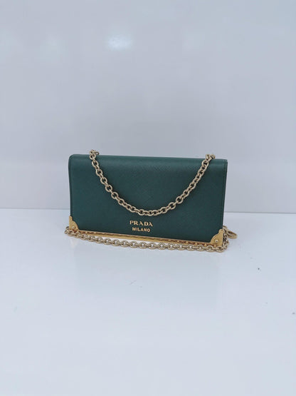 GREEN SAFFIANO LEATHER CAHIER WALLET ON CHAIN