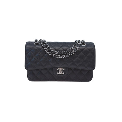 BLACK QUILTED CAVIAR LEATHER MEDIUM CLASSIC DOUBLE FLAP HANDBAG SILVER HARDWARE