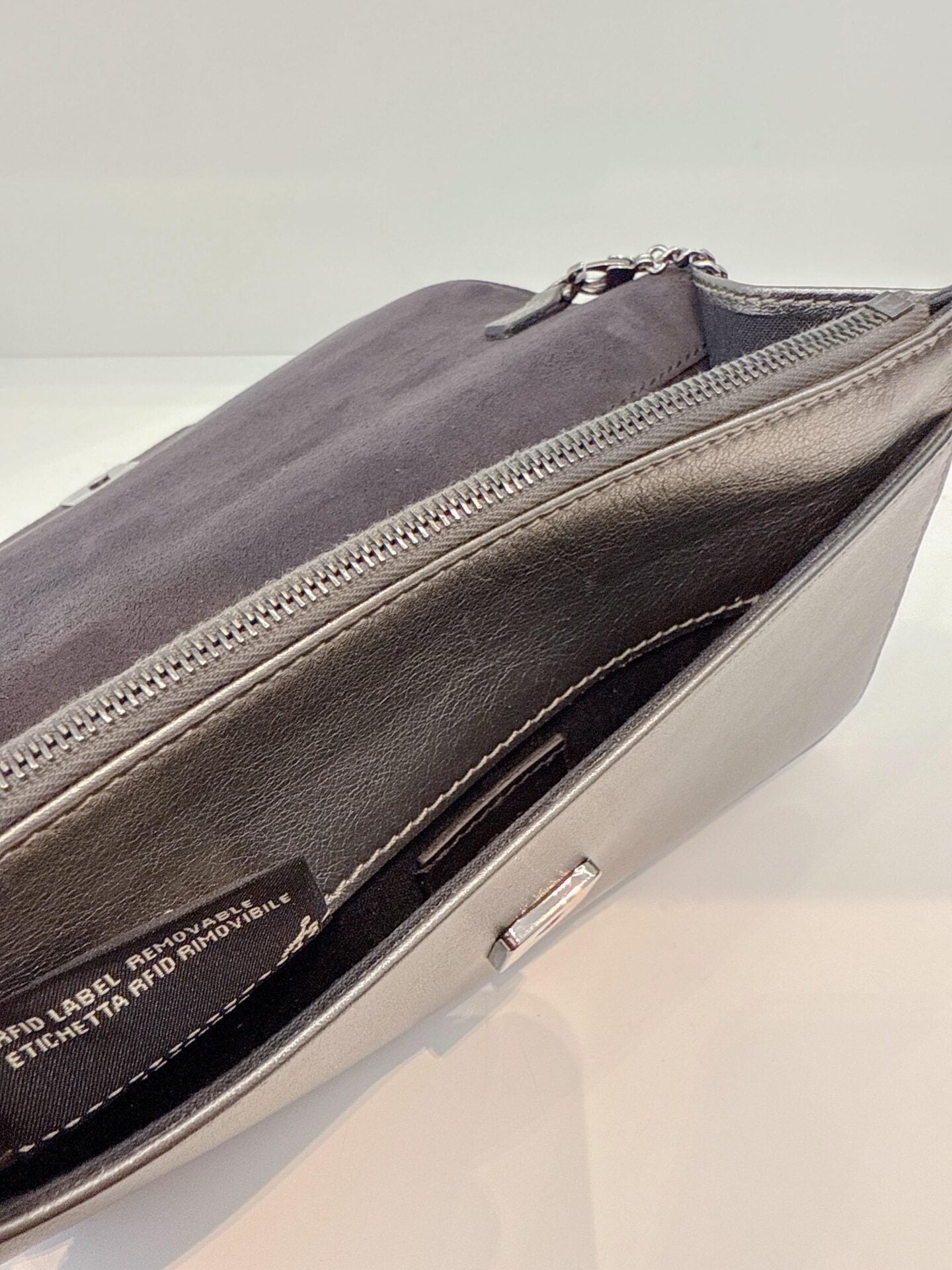 METALLIC DARK GRAY LEATHER CRYSTAL STUD WALLET ON CHAIN