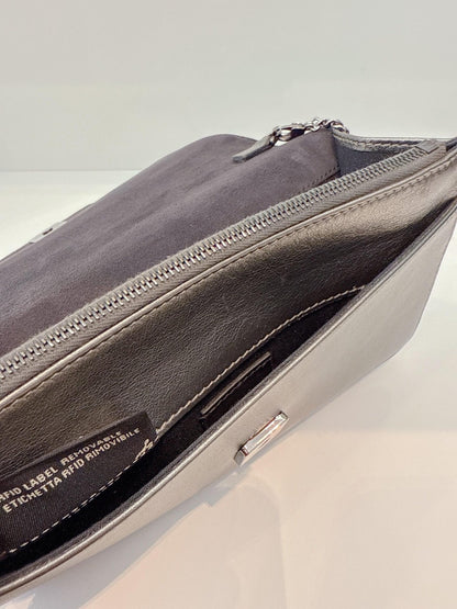 METALLIC DARK GRAY LEATHER CRYSTAL STUD WALLET ON CHAIN