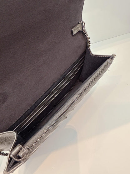 METALLIC DARK GRAY LEATHER CRYSTAL STUD WALLET ON CHAIN