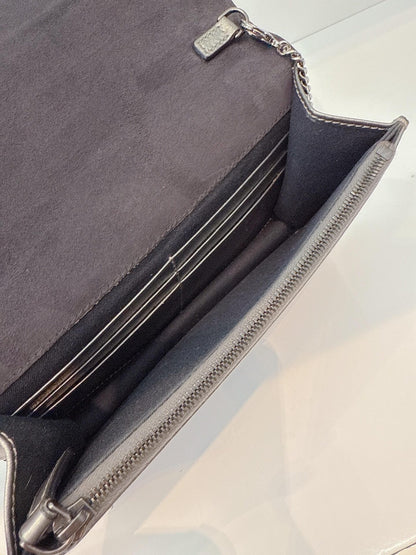 METALLIC DARK GRAY LEATHER CRYSTAL STUD WALLET ON CHAIN