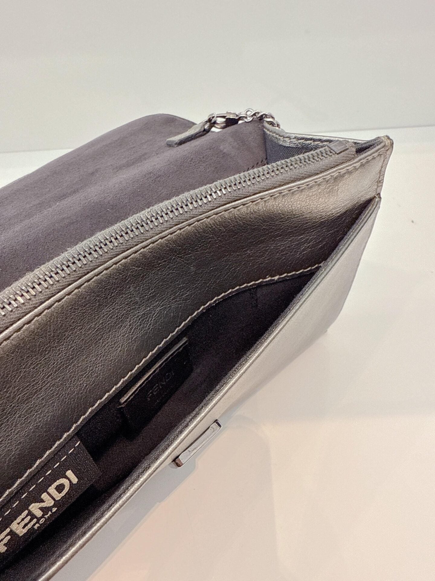 METALLIC DARK GRAY LEATHER CRYSTAL STUD WALLET ON CHAIN