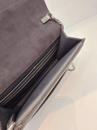 METALLIC DARK GRAY LEATHER CRYSTAL STUD WALLET ON CHAIN