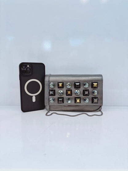 METALLIC DARK GRAY LEATHER CRYSTAL STUD WALLET ON CHAIN