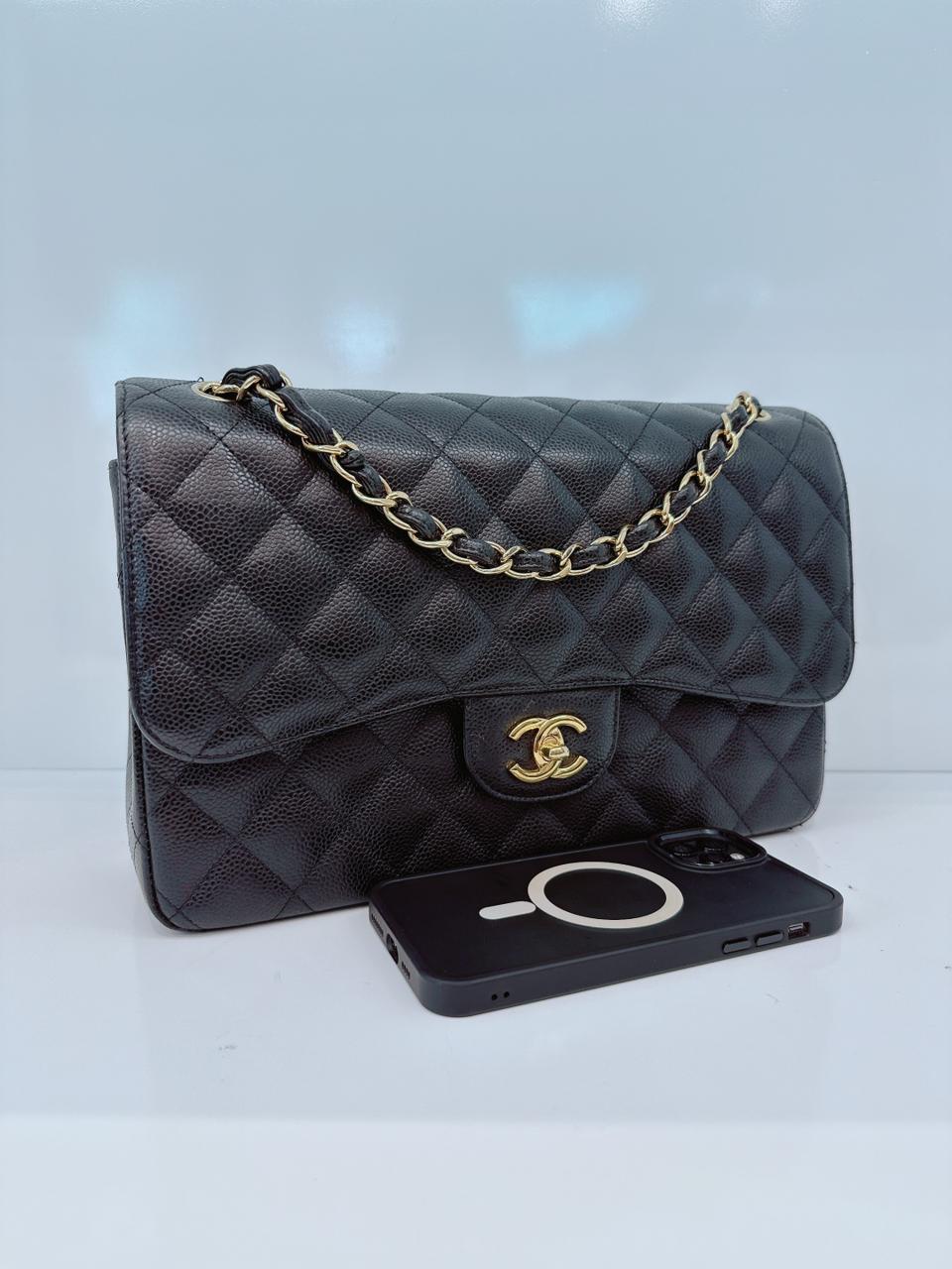 BLACK CAVIAR LEATHER JUMBO CLASSIC DOUBLE FLAP BAG