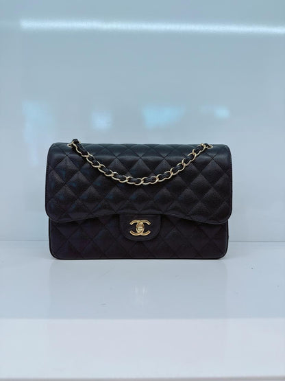BLACK CAVIAR LEATHER JUMBO CLASSIC DOUBLE FLAP BAG