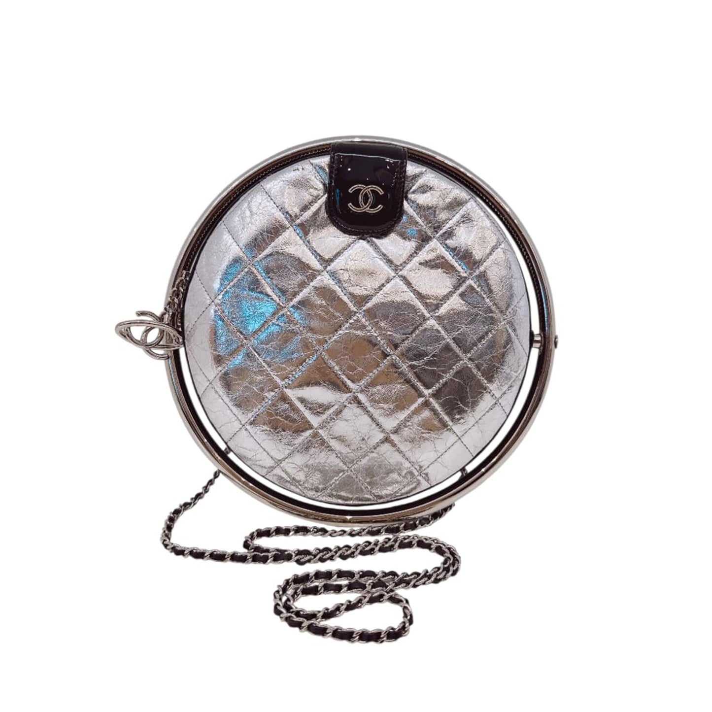 SILVER METALLIC AGED CALFSKIN PATENT PLANET MINAUDIERE SHOULDER BAG