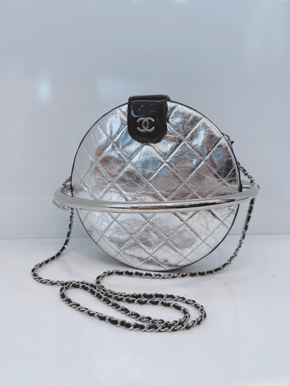 SILVER METALLIC AGED CALFSKIN PATENT PLANET MINAUDIERE SHOULDER BAG
