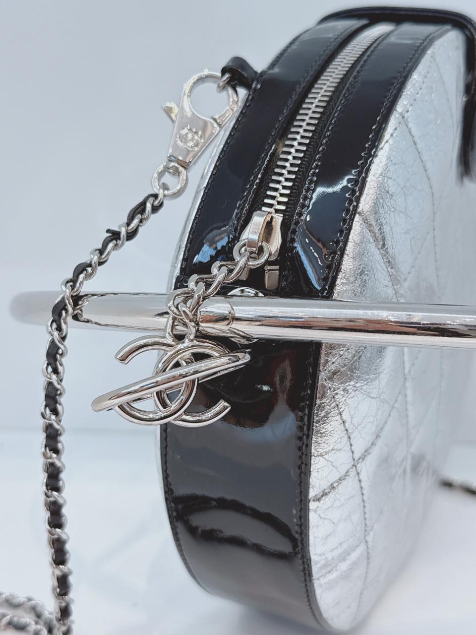 SILVER METALLIC AGED CALFSKIN PATENT PLANET MINAUDIERE SHOULDER BAG