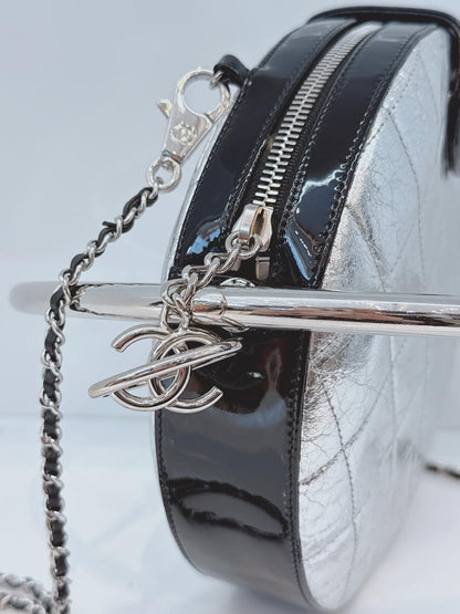 SILVER METALLIC AGED CALFSKIN PATENT PLANET MINAUDIERE SHOULDER BAG