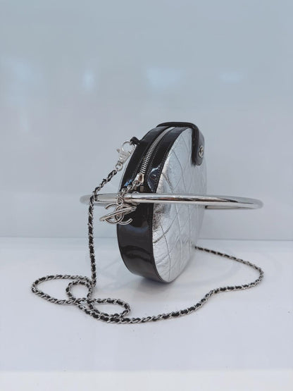 SILVER METALLIC AGED CALFSKIN PATENT PLANET MINAUDIERE SHOULDER BAG