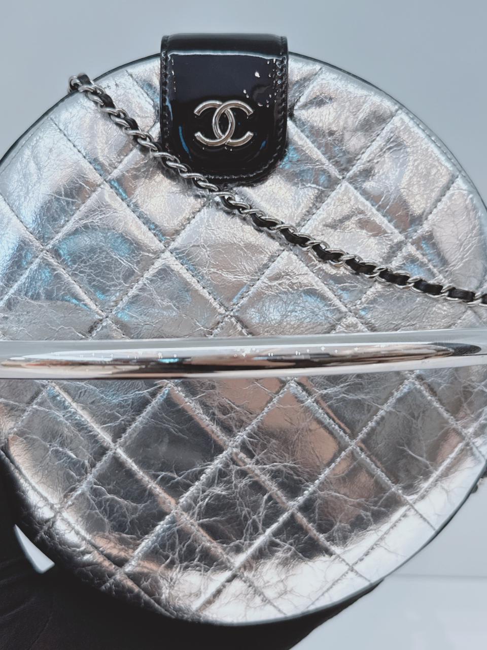 SILVER METALLIC AGED CALFSKIN PATENT PLANET MINAUDIERE SHOULDER BAG